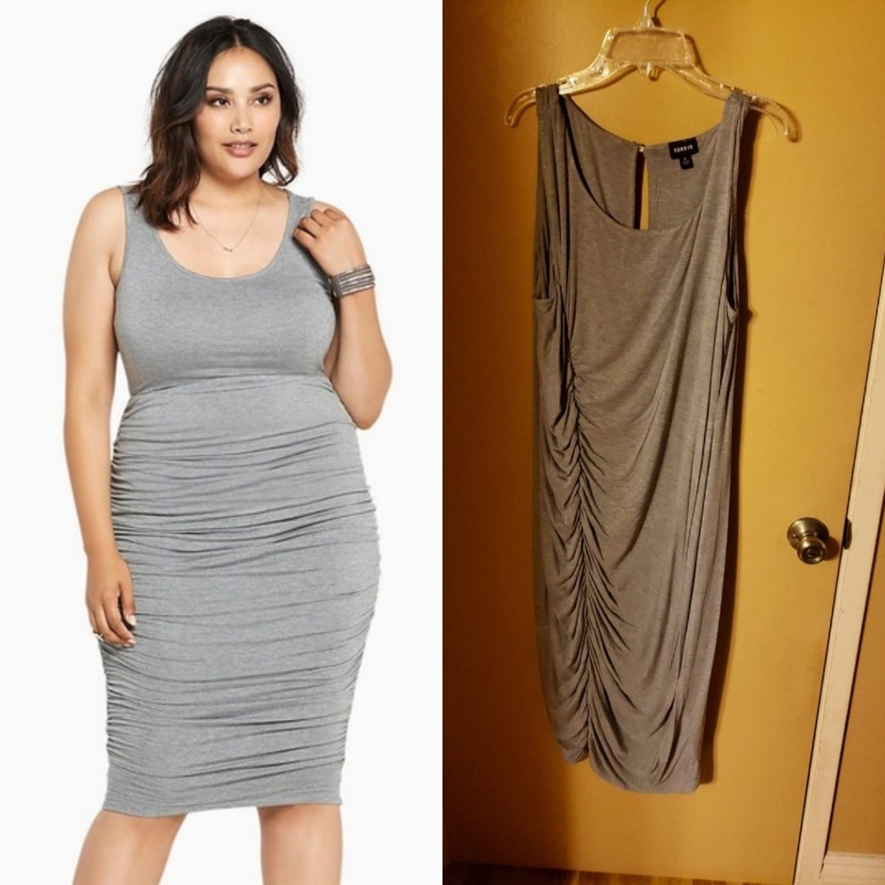 Torrid size 2 gray shirred bodycon midi dress